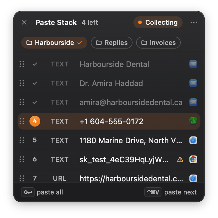 The Zmina Paste Stack panel, four left of seven clips loaded from a collection called Harbourside. The first three, a practice name, a contact name and an email address, are dimmed with check marks. The fourth, a phone number, is next. Below it wait an address, a Stripe key marked with a warning sign, and a link.