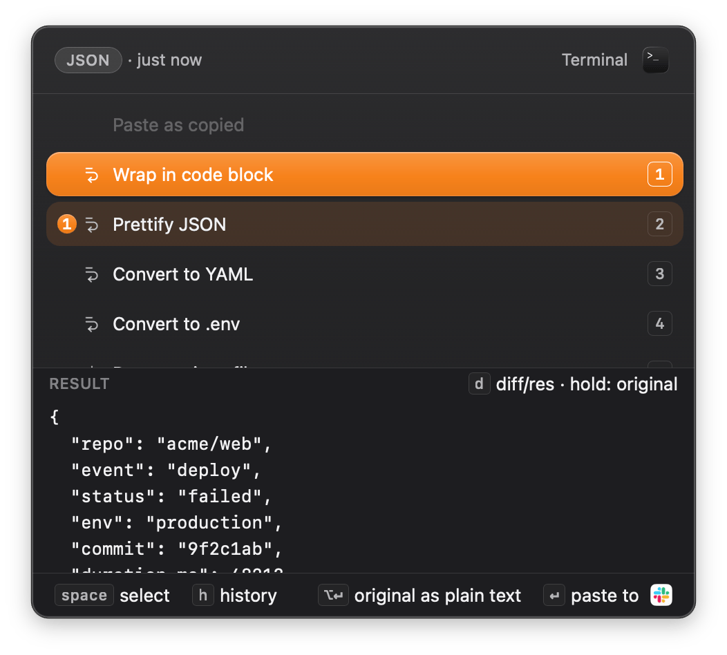 The Zmina Smart Paste popup over a JSON deploy payload copied from Terminal, about to paste into Slack. Prettify JSON is queued as step one, marked with a number one badge, and its indented result already fills the preview. Wrap in code block sits above it as the next step, and Convert to YAML and Convert to .env are both still available.