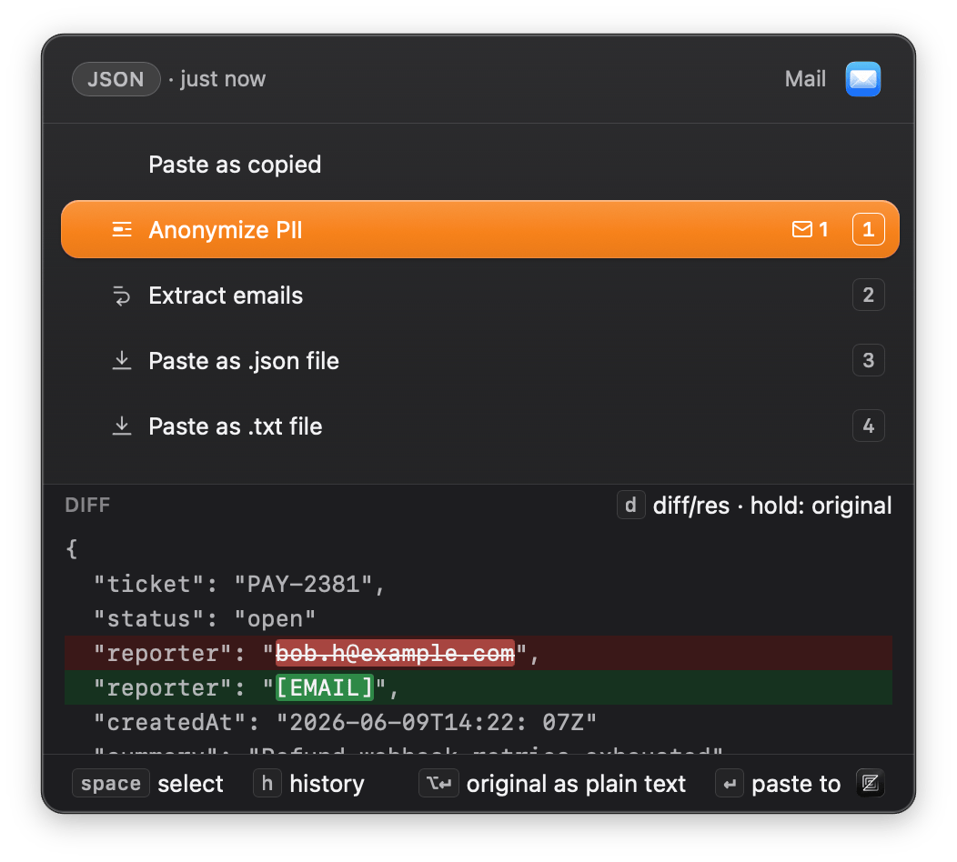 The Smart Paste popup showing the Anonymize PII diff: a reporter email address struck through in red, replaced by the placeholder [EMAIL] on the green line below.