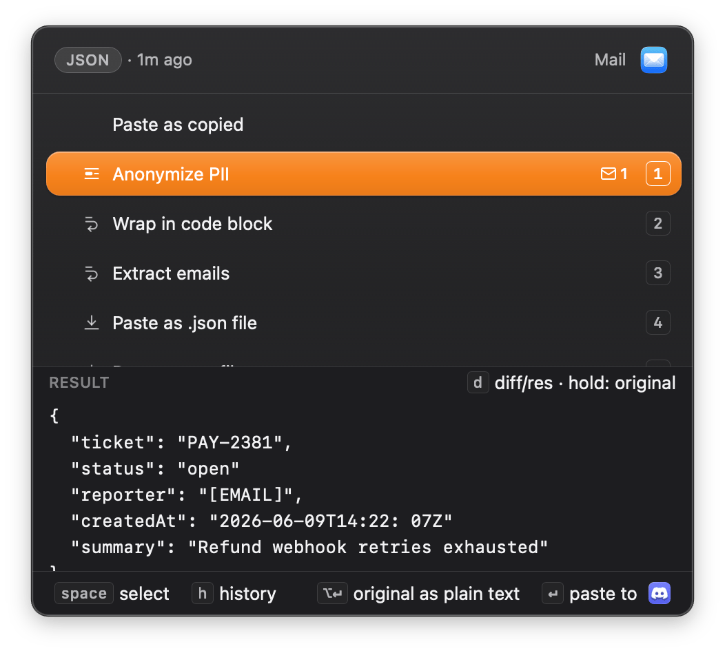 The Zmina Smart Paste popup over JSON copied from Mail, offering Anonymize PII, Wrap in code block, Extract emails and Paste as .json file, with the anonymized result previewed below.