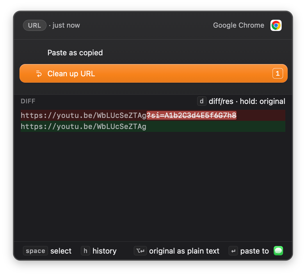 The Smart Paste popup over a link copied from Google Chrome, offering Clean up URL, with a diff showing the tracking parameter struck through and the bare link below it.